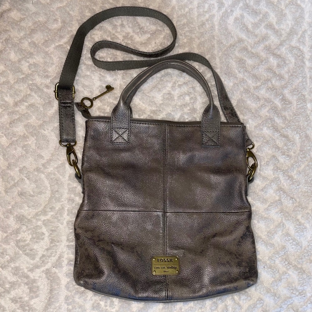Fossil "Long Live Vintage 1954" soft leather metallic gray cargo cross body  bag